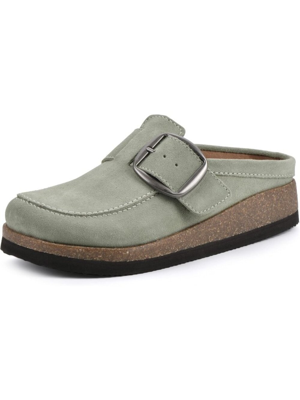 🆕Women's Sage Green Suede Leather Big Buckle Foot bed Clogs Flat Slip On Mules